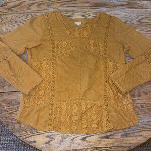 Sundance Mustard Yellow Lace Panel Long Sleeve Top
